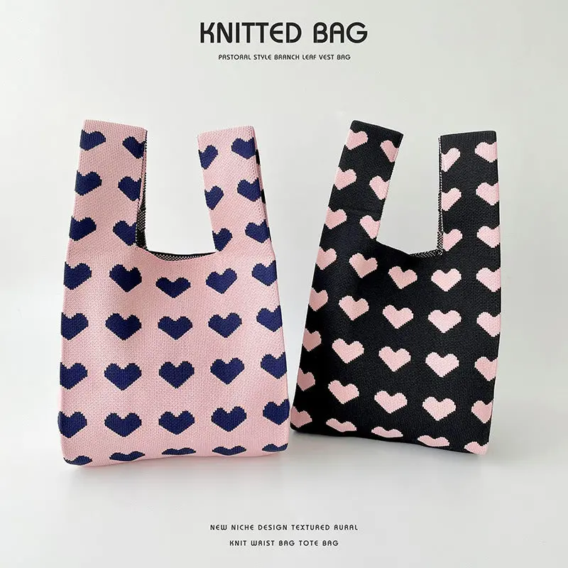 Contrast Color Heart Knitted Shoulder Bag Handbag Knitted Bag 1
