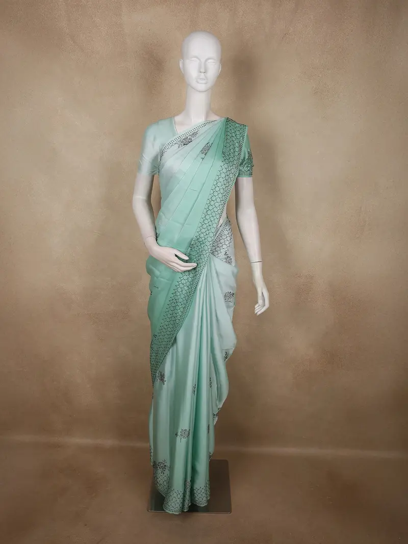 Cool Mint Aqua Green Stone Embellished Design Satin Designer Saree With Designer Border 1