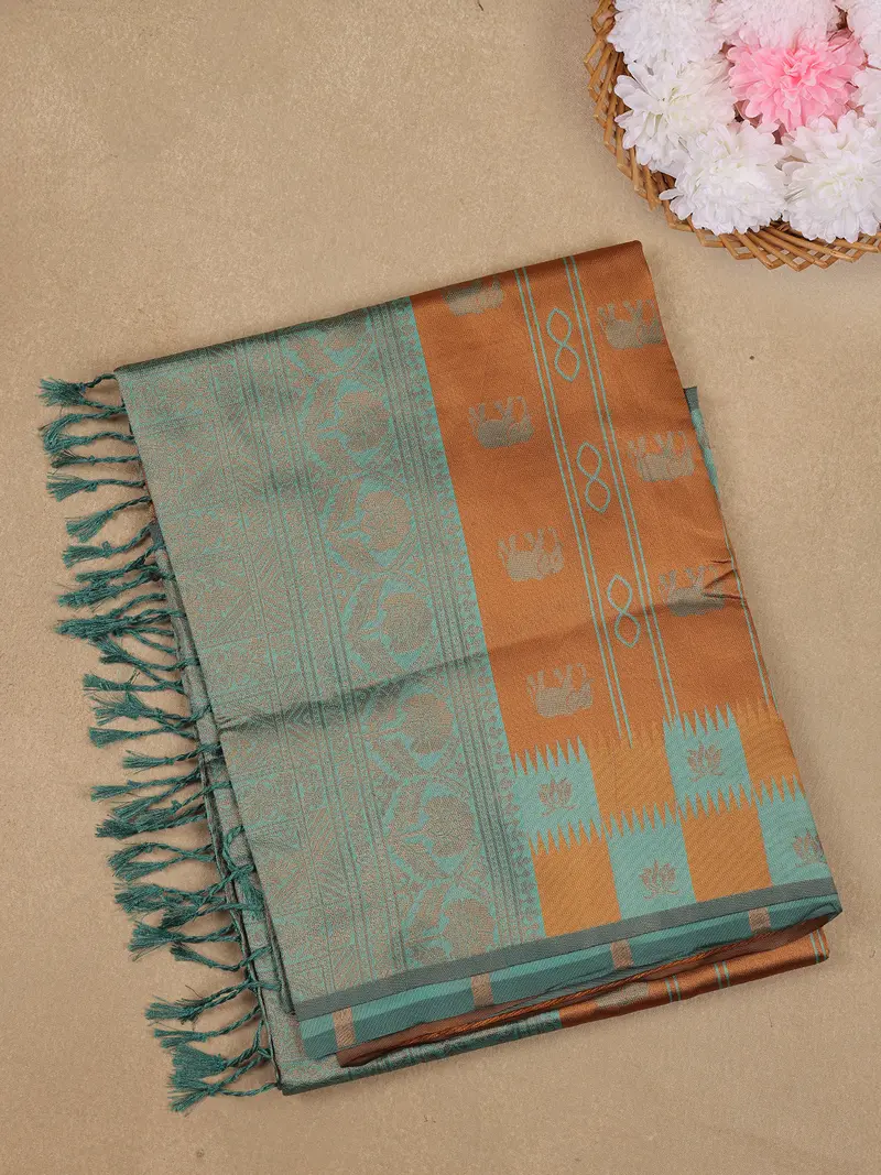 Copper Brown And Aqua Green Elephant Motif Woven Art Silk Saree With Zari Border 1
