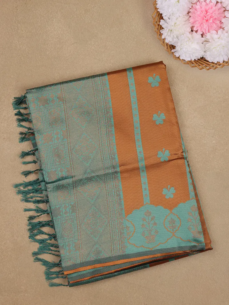 Copper Brown And Aqua Green Woven Art Silk Saree With Geometric Zari Border 1
