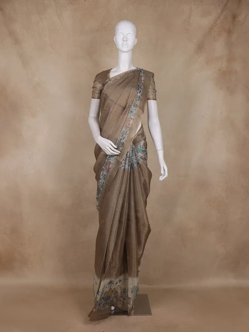 Copper Brown Animal Motif Design Tissue Silk Saree With Zari Border 1