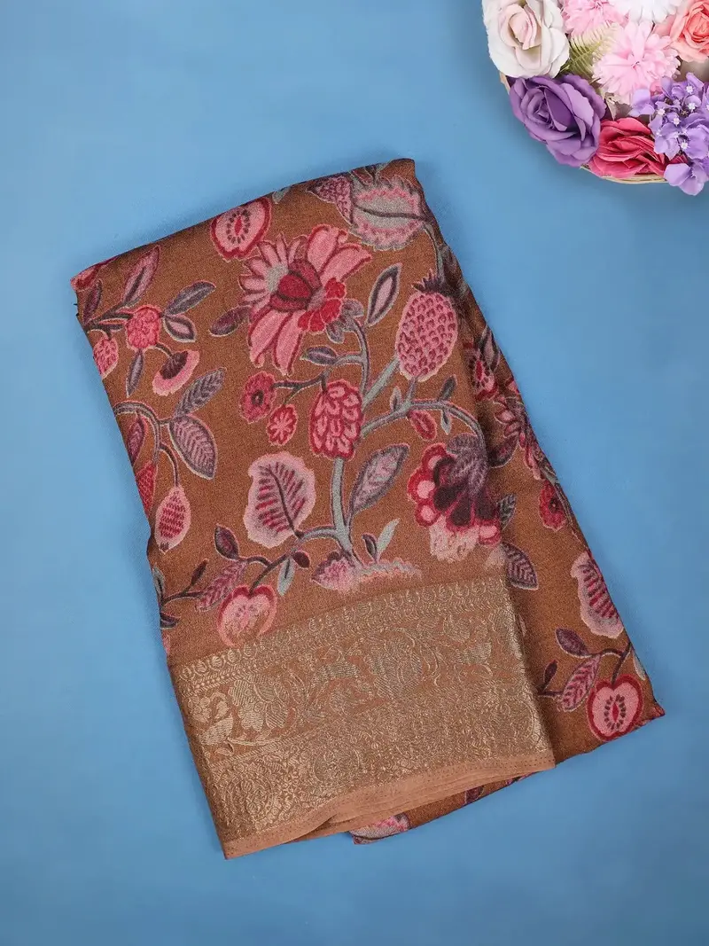 Copper Brown Floral Design Printed Cotton Saree 1