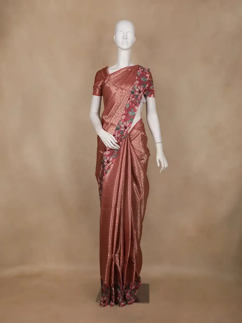 Copper Brown Floral Design Semi Tissue Silk Saree 1