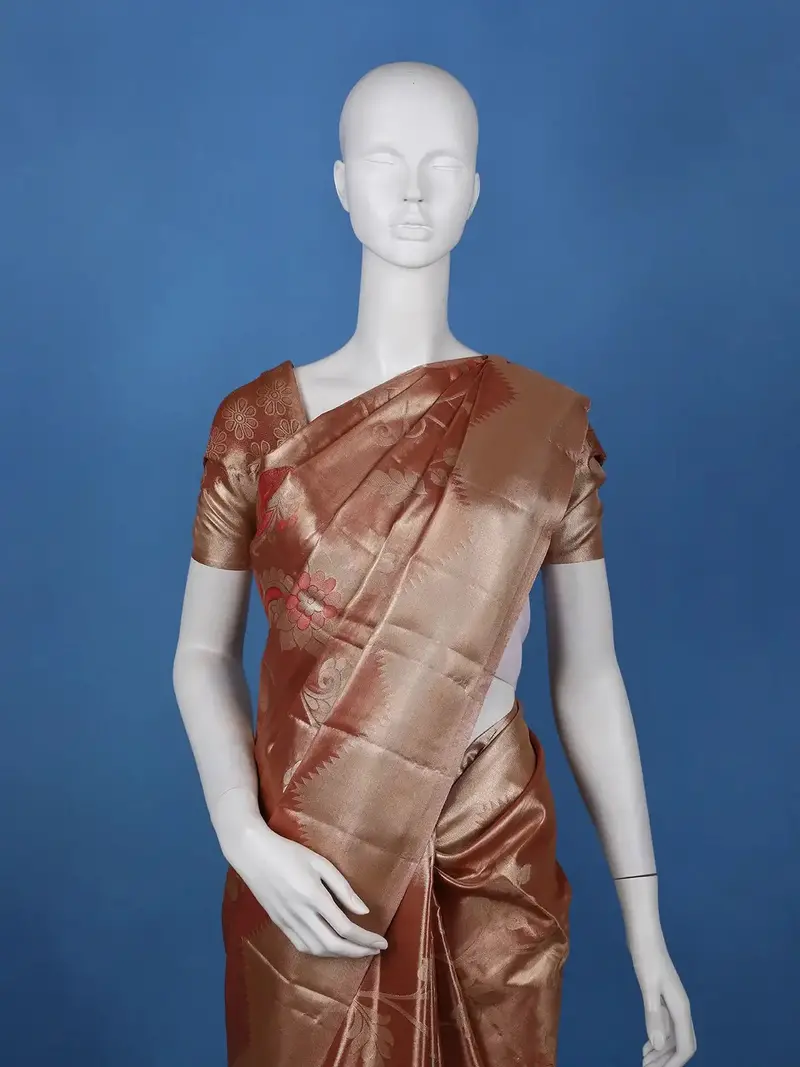 Copper Brown Floral Design Tissue Saree 2