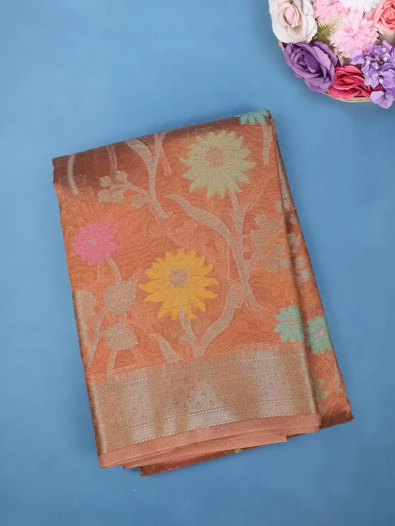 Copper Brown Floral Design Tissue Silk Saree 1