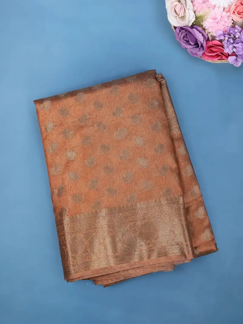 Copper Brown Floral Design Woven Tissue Silk Saree 1