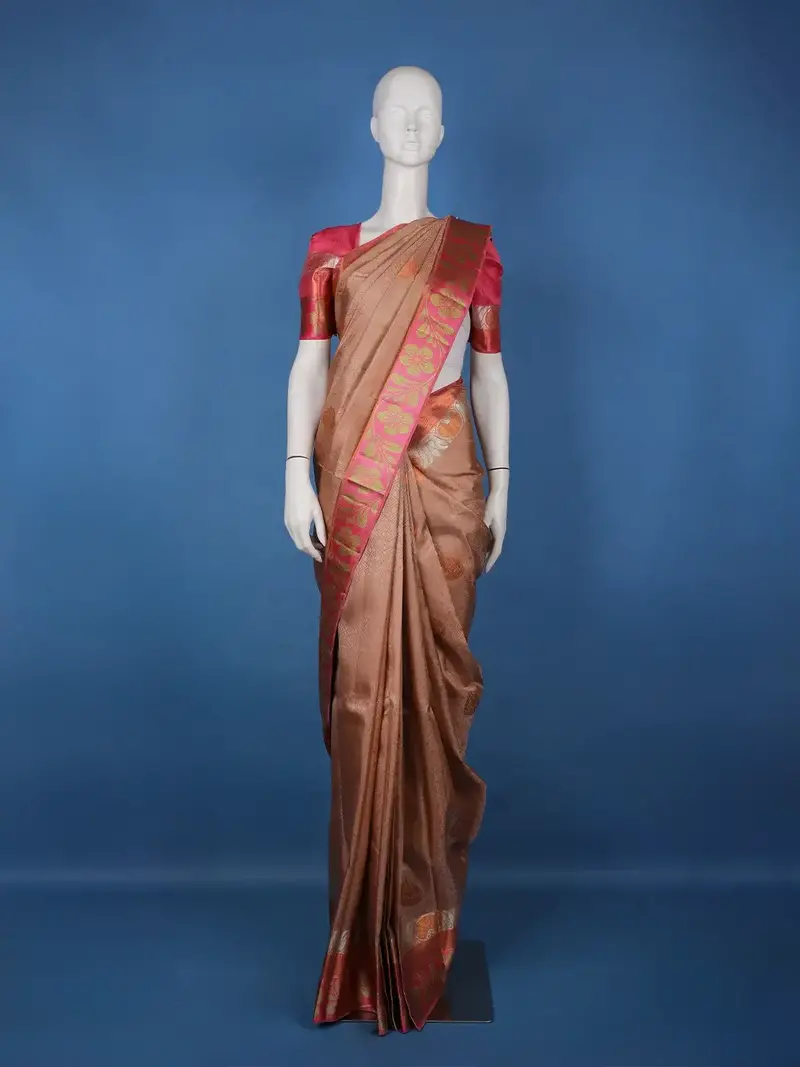 Copper Brown Floral Design Zari Border Silk Saree 1