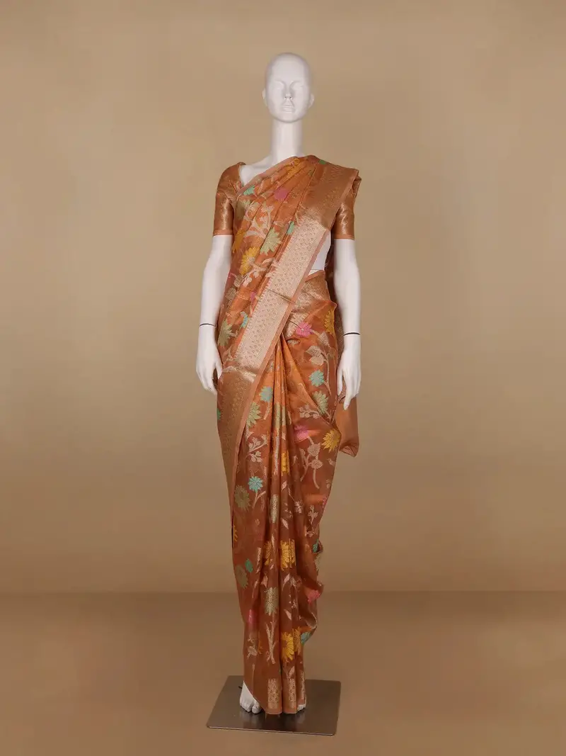 Copper Brown Floral Motifs Semi Tissue Saree 1