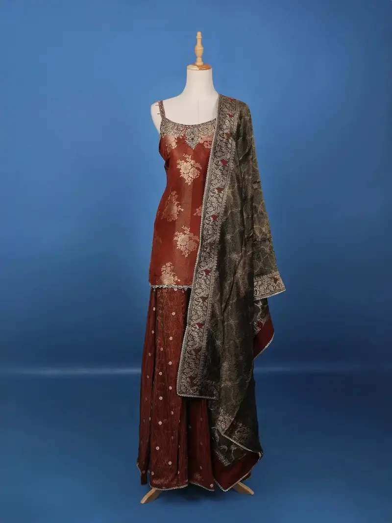 Copper Brown Floral Woven Banarasi Silk Sharara Set 1