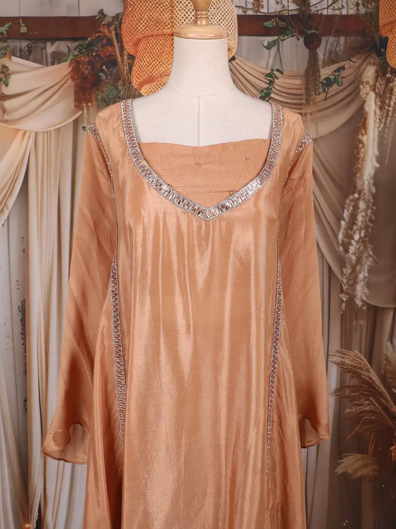 Copper Brown Solid Design Crepe Kaftan Suit 2