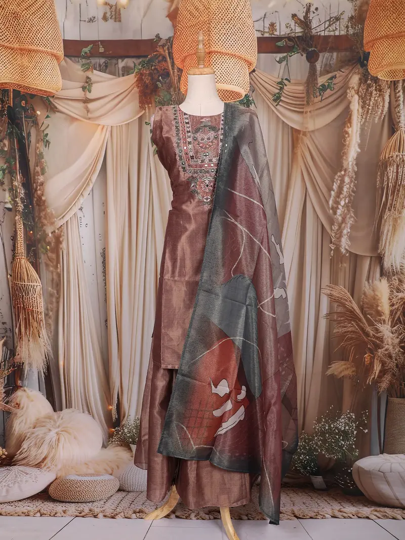 Copper Floral Embroidered Design Tissue Silk Palazzo Suit With Printed Dupatta 1