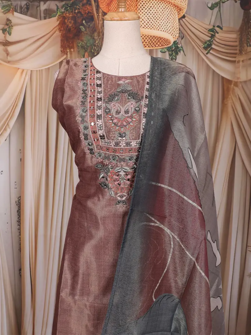 Copper Floral Embroidered Design Tissue Silk Palazzo Suit With Printed Dupatta 2