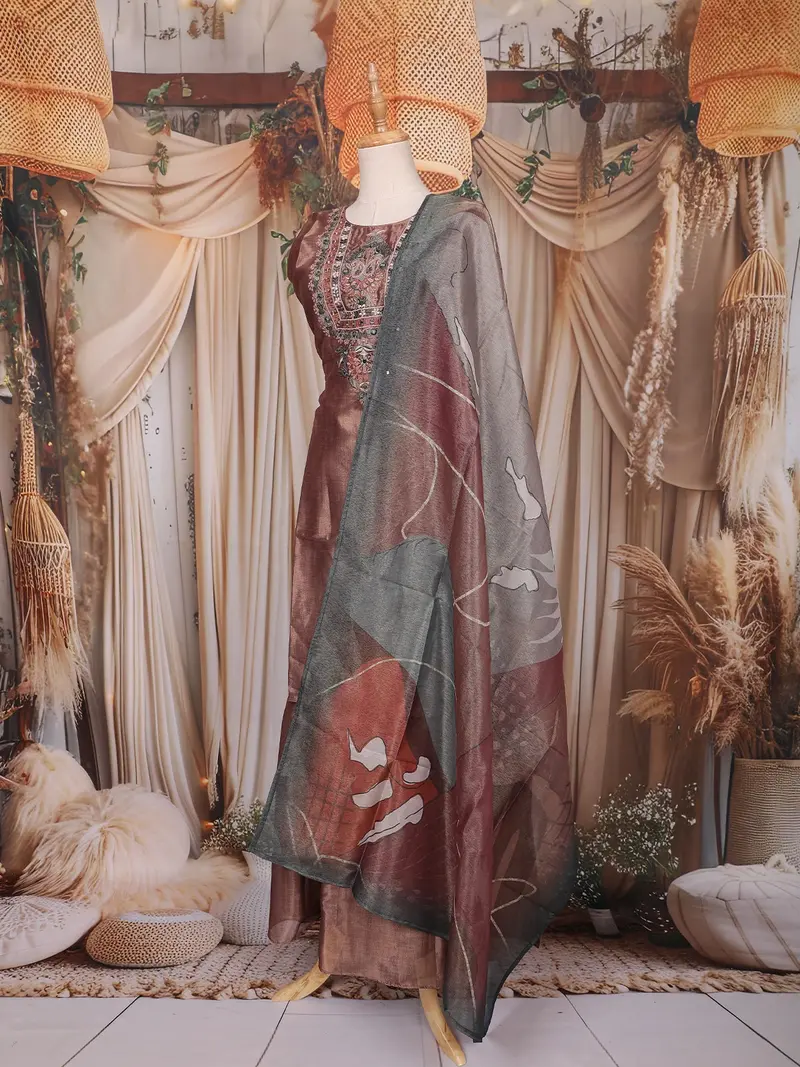 Copper Floral Embroidered Design Tissue Silk Palazzo Suit With Printed Dupatta 3