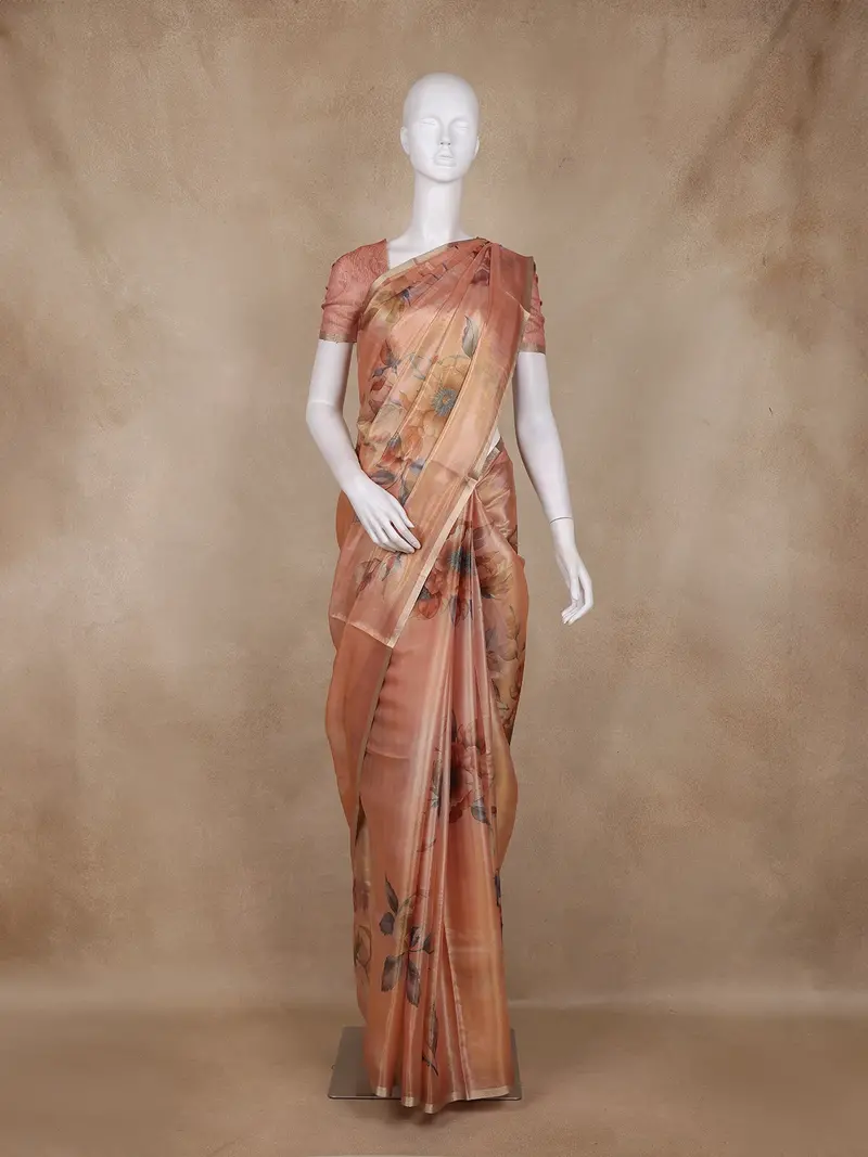 Copper Floral Printed Design Tissue Silk Saree 1