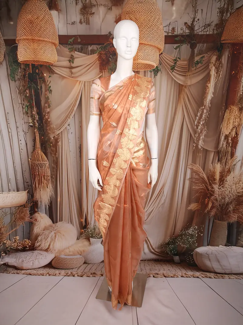 Copper Gold Floral Butta Woven Design Tissue Saree With Gold Zari Border 1