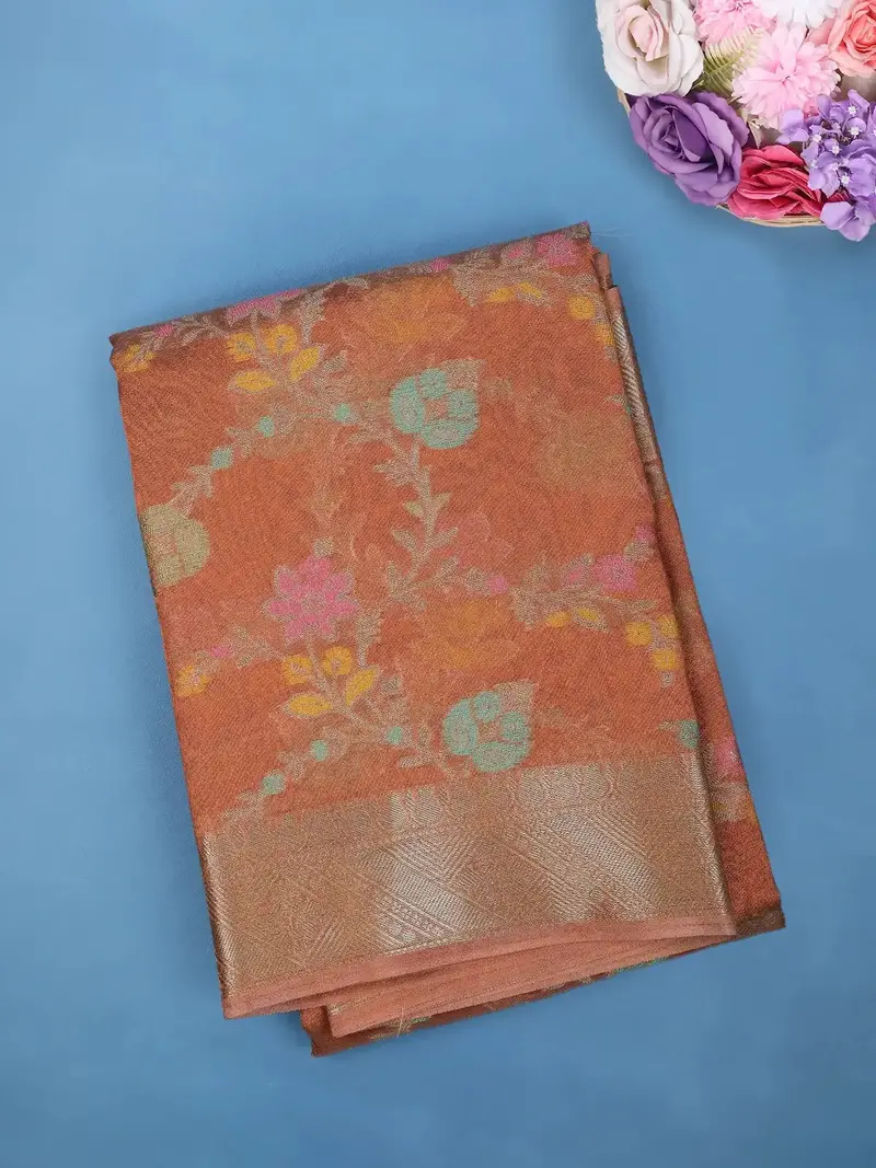Copper Orange Floral Design Zari Work Tissue Silk Saree 1