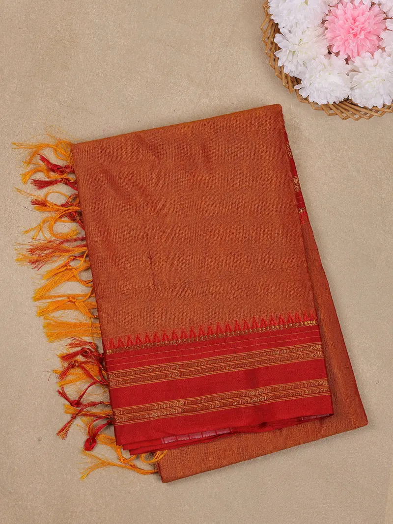 Copper Orange Solid Design Semi Silk Cotton Saree With Contrast Border 1