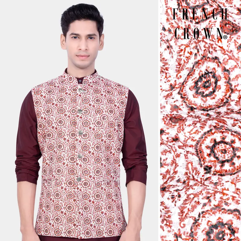 Copper Rust Brown And Bright White Embroidered Nehru Jacket 1