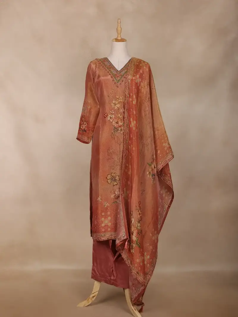 Copper Rust Floral Design Organza Salwar Suit 1