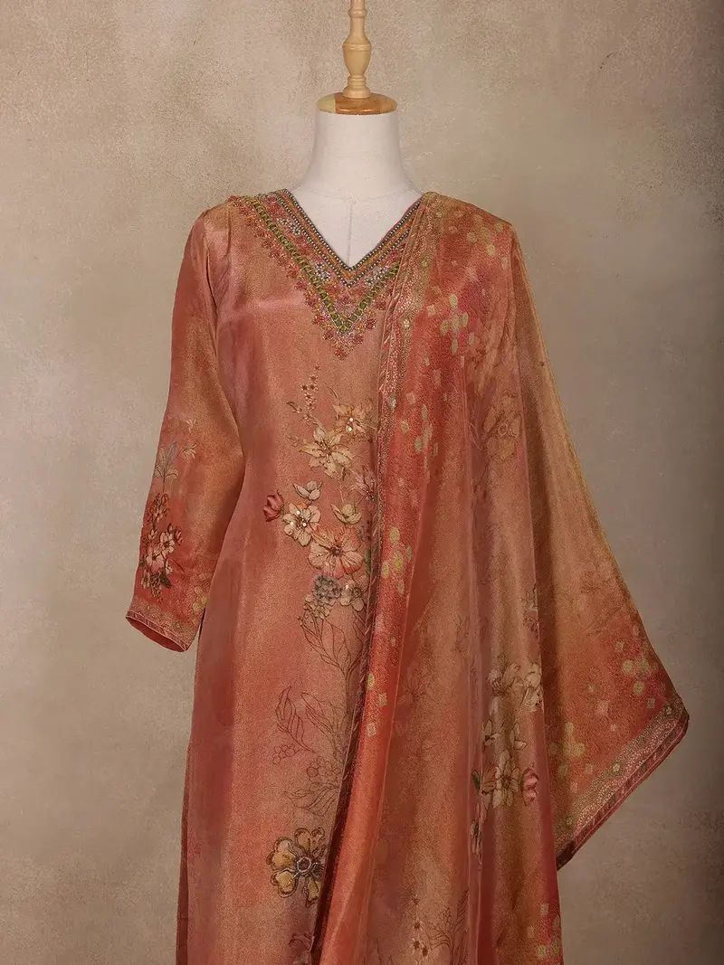 Copper Rust Floral Design Organza Salwar Suit 2