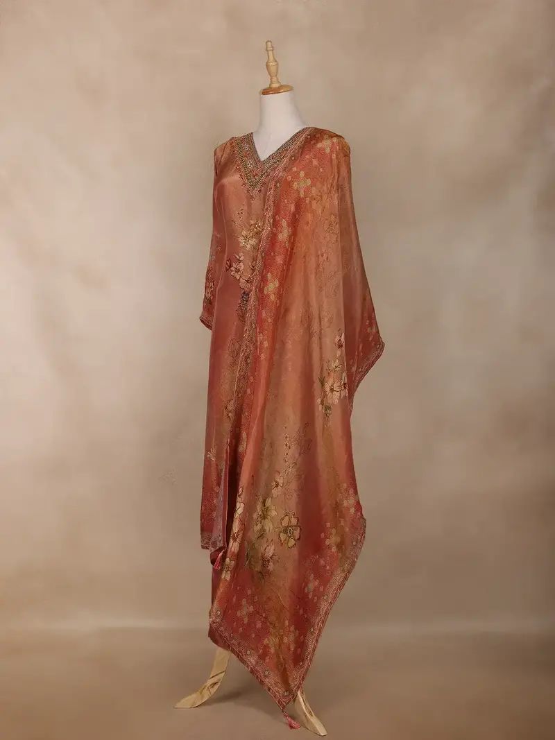 Copper Rust Floral Design Organza Salwar Suit 3