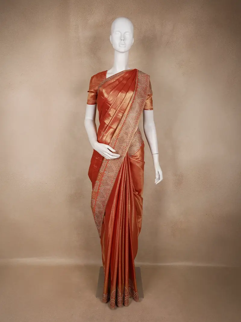 Copper Rust Orange Solid Woven Design Tissue Banarasi Designer Saree With Designer Border 1