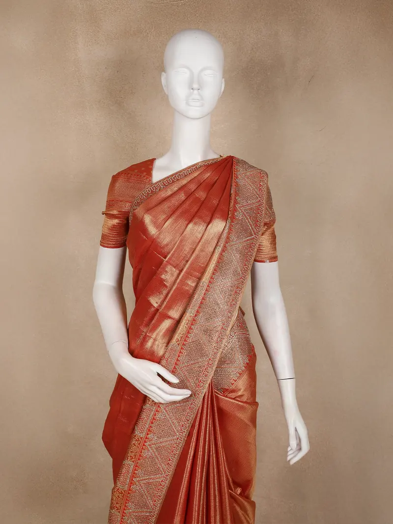Copper Rust Orange Solid Woven Design Tissue Banarasi Designer Saree With Designer Border 2