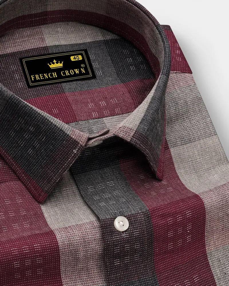 Copper Rust Red And Gainsboro Gray Plaid Dobby Textured Premium Giza Cotton Shirt 1