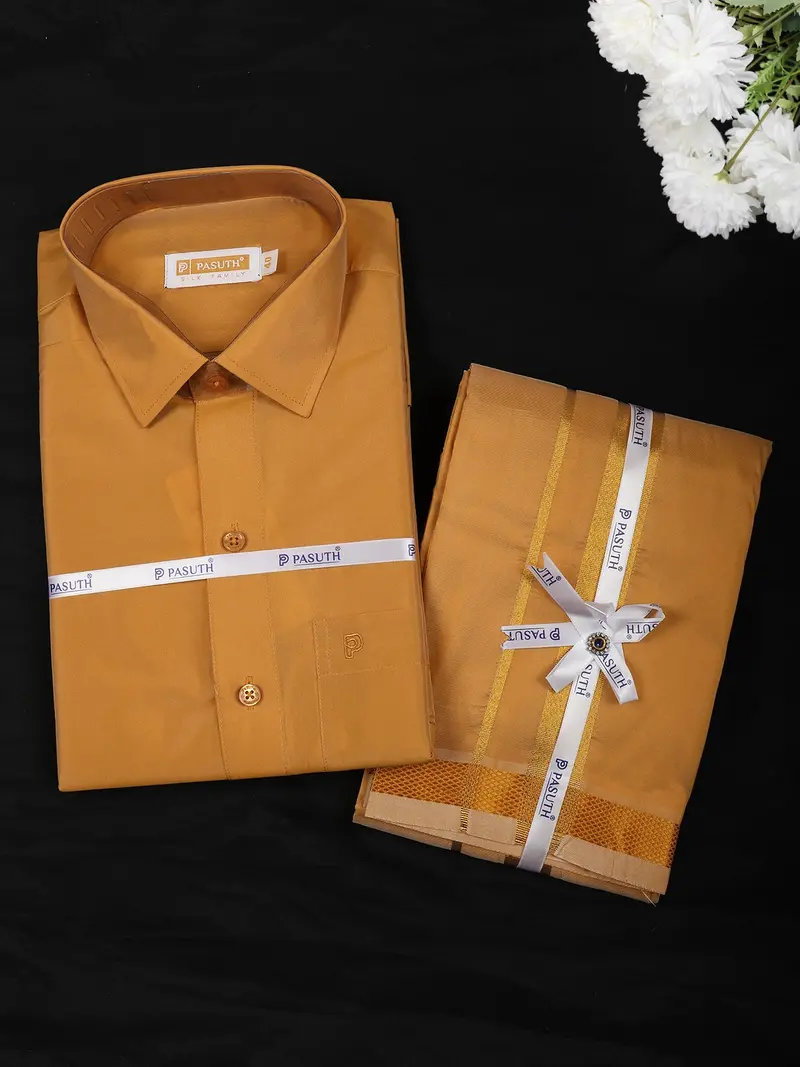 Copper Solid Design Dhoti Shirt Set With Gold Zari Border 1