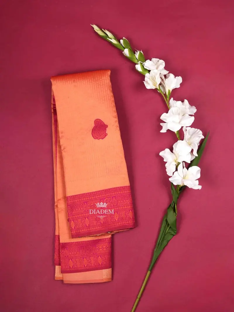 Coral Art Silk Saree With Paisley And Stripes Pattern On The Body With Designed Border 1