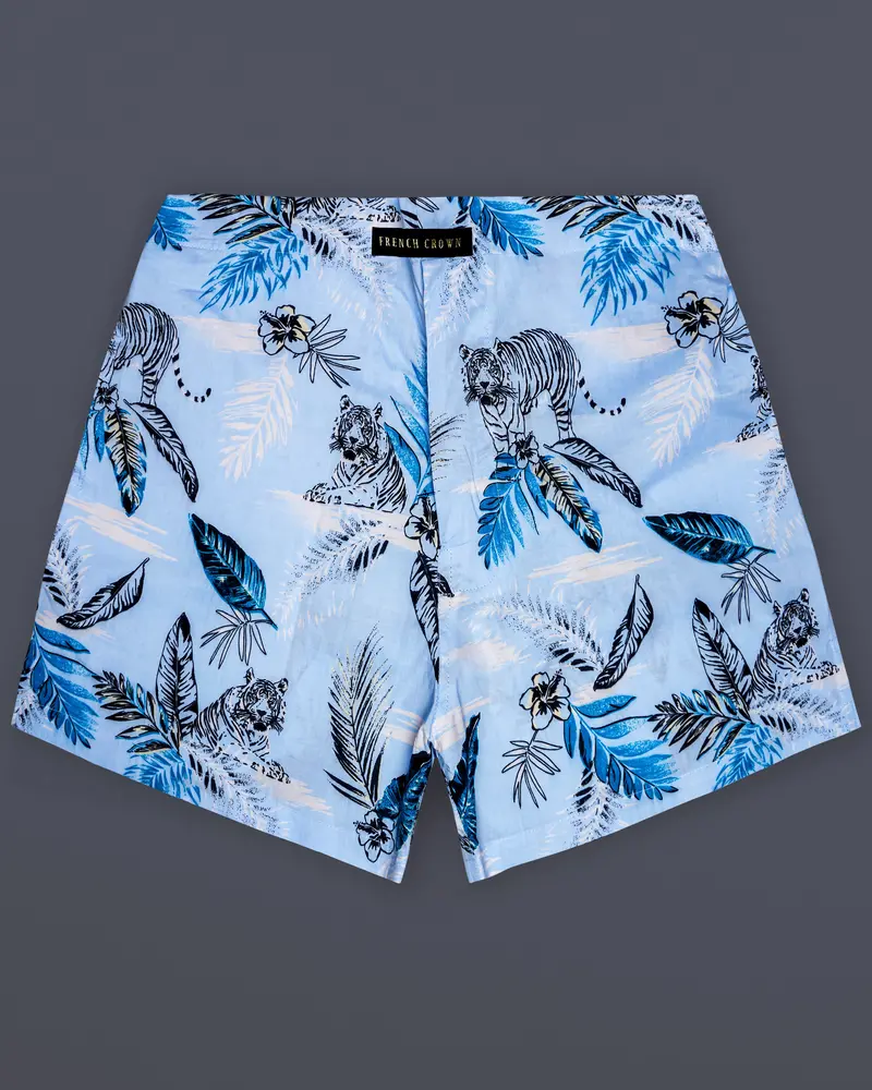 Coral Blue Leaves Printed Poplin Premium Cotton Boxer 1