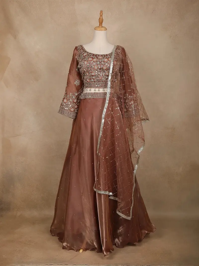 Coral Floral Embroidered Organza Bridesmaids Lehenga 1