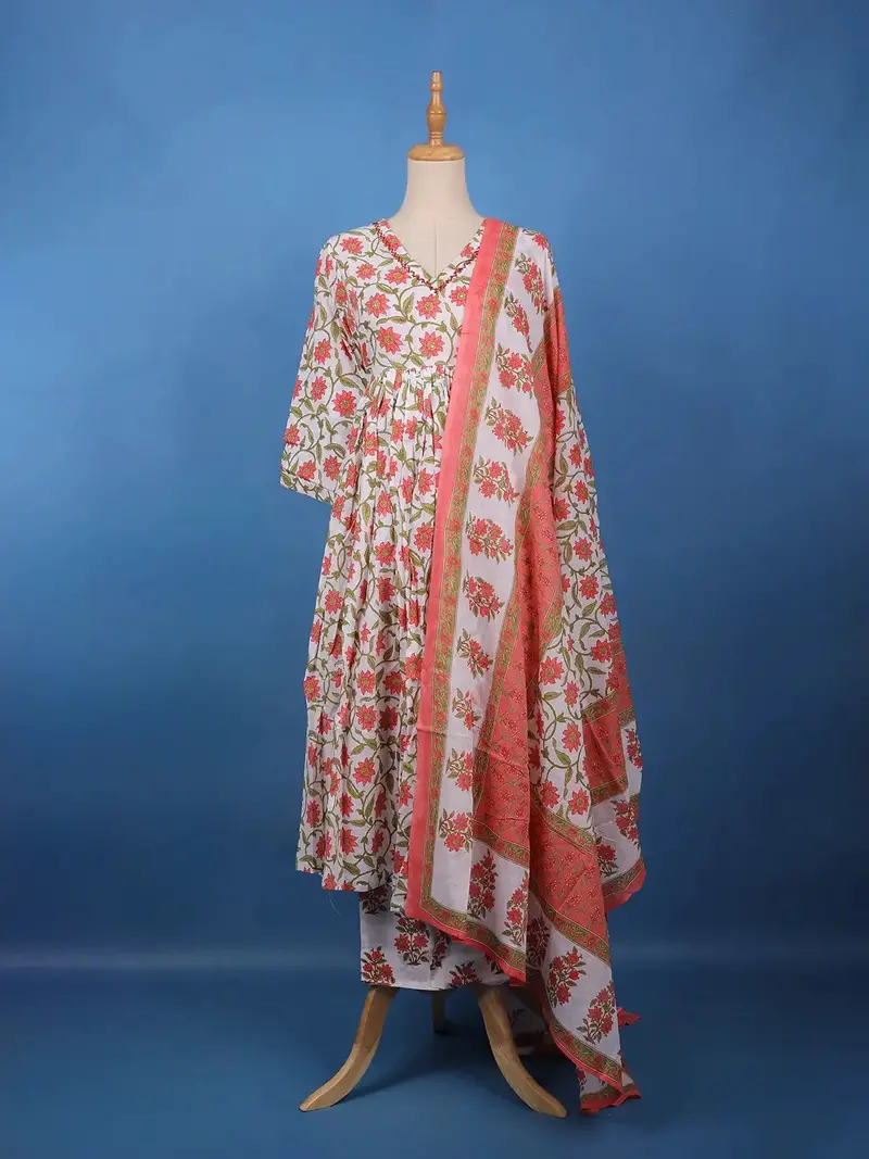 Coral Floral Printed Anarkali Cotton Salwar Suit 1