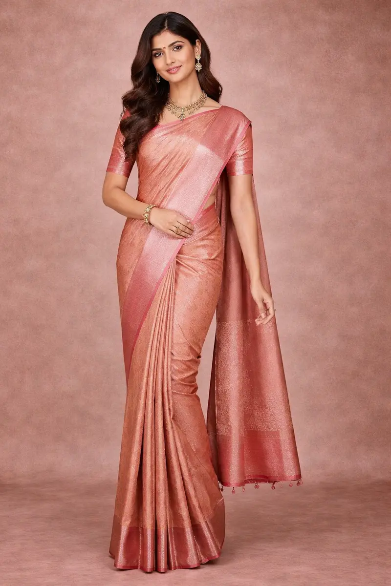 Coral Floral Woven Pure Kanchipuram Silk Saree 1