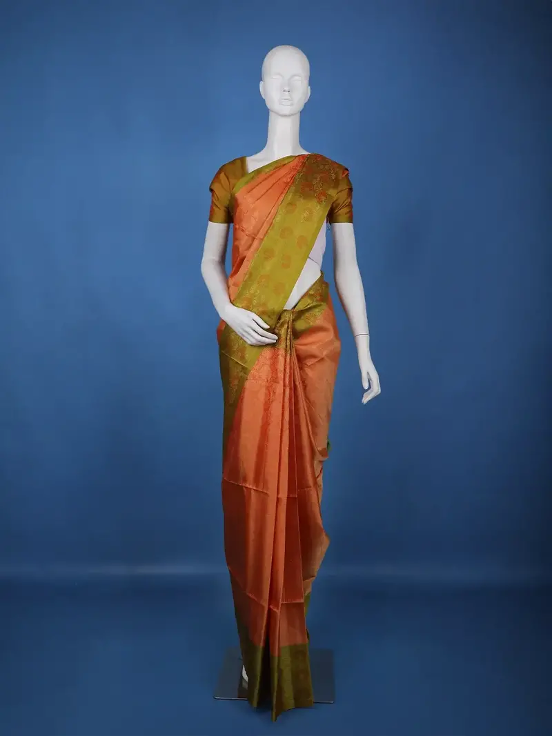 Coral Orange Floral Design Zari Woven Soft Silk Saree 1