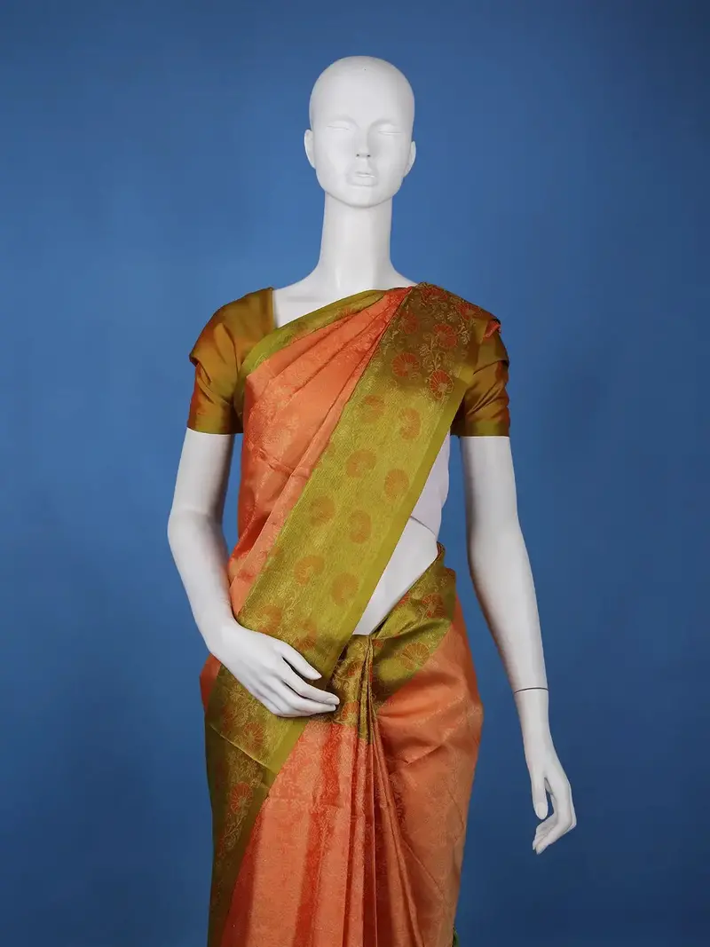 Coral Orange Floral Design Zari Woven Soft Silk Saree 2