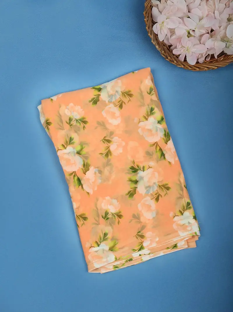 Coral Orange Floral Printed Georgette Saree 1