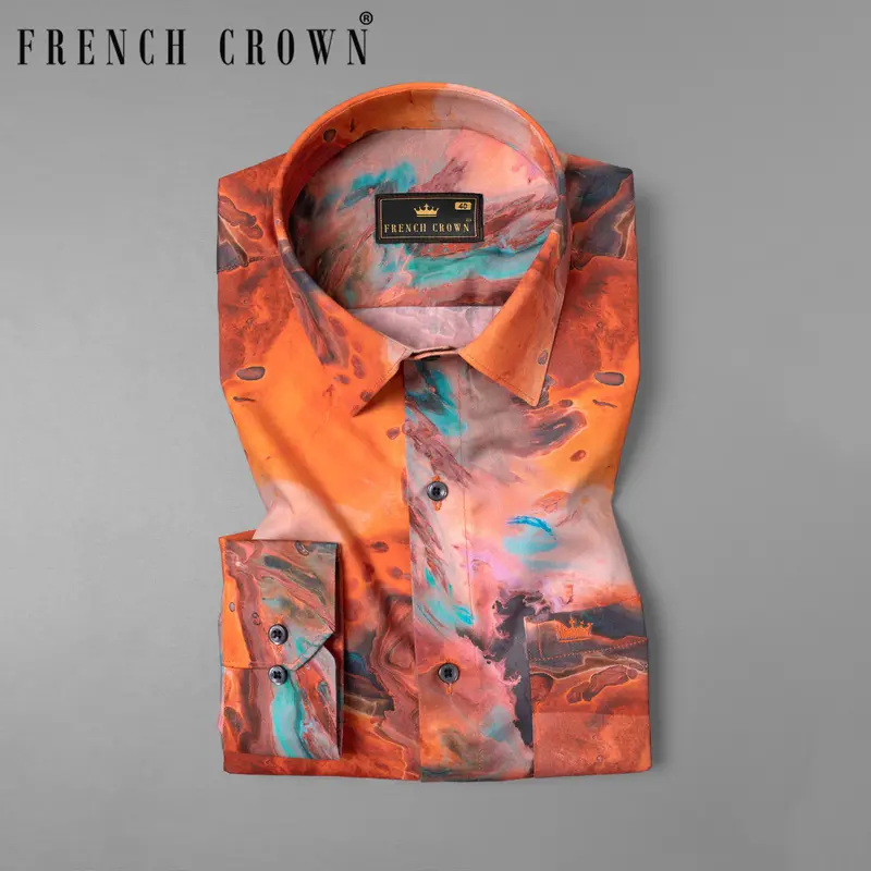 Coral Orange Fluid Printed Premium Cotton Shirt 1