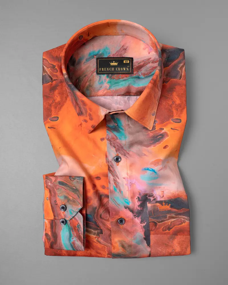 Coral Orange Fluid Printed Premium Cotton Shirt 2