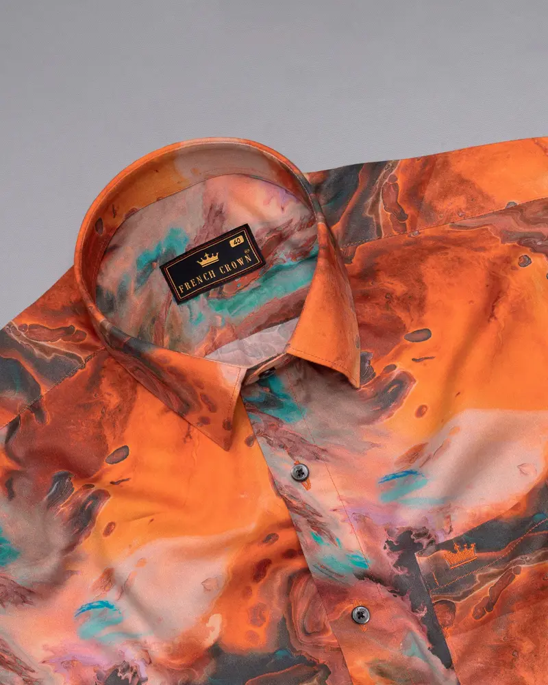 Coral Orange Fluid Printed Premium Cotton Shirt 5
