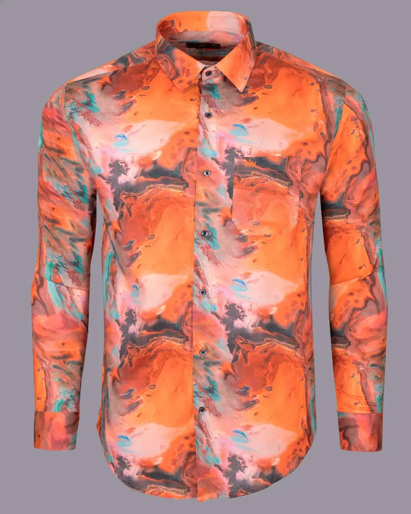 Coral Orange Fluid Printed Premium Cotton Shirt 6