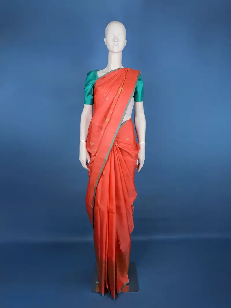 Coral Orange Woven Zari Border Silk Saree 1