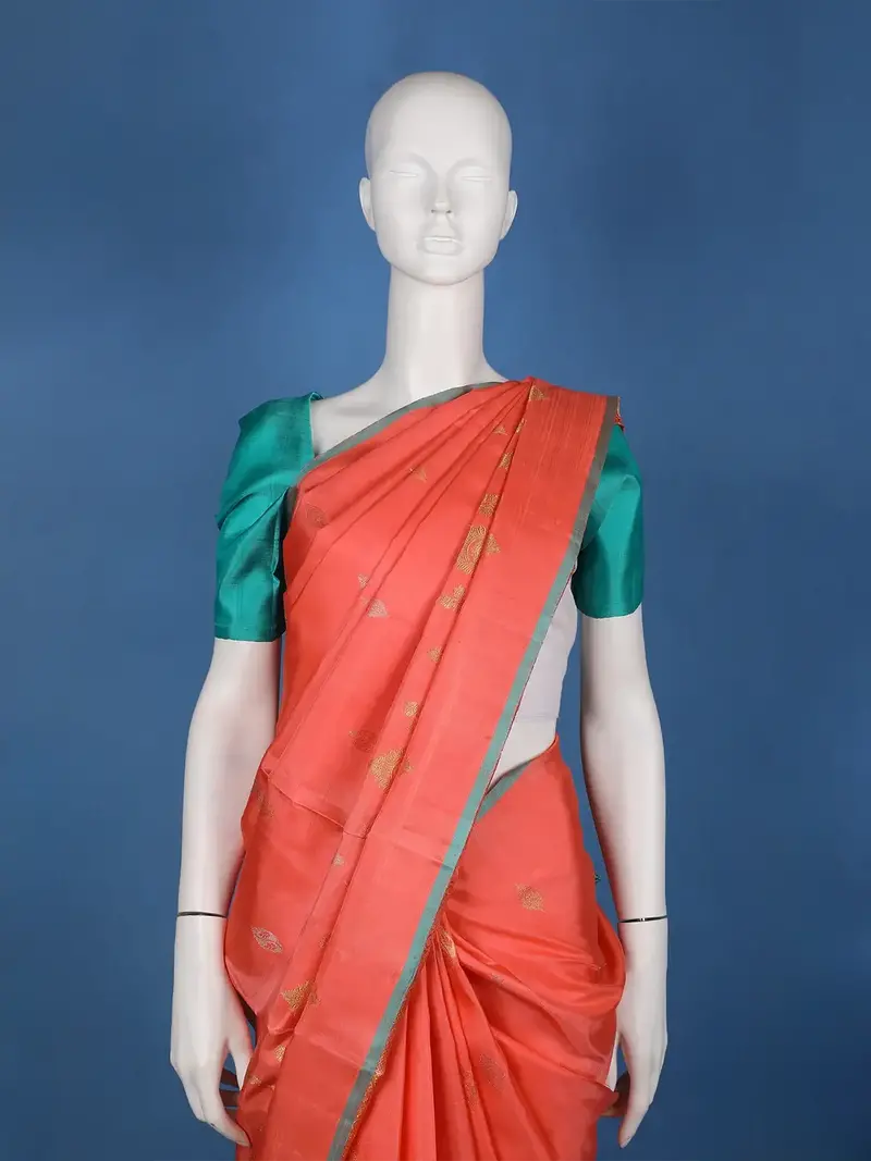 Coral Orange Woven Zari Border Silk Saree 2