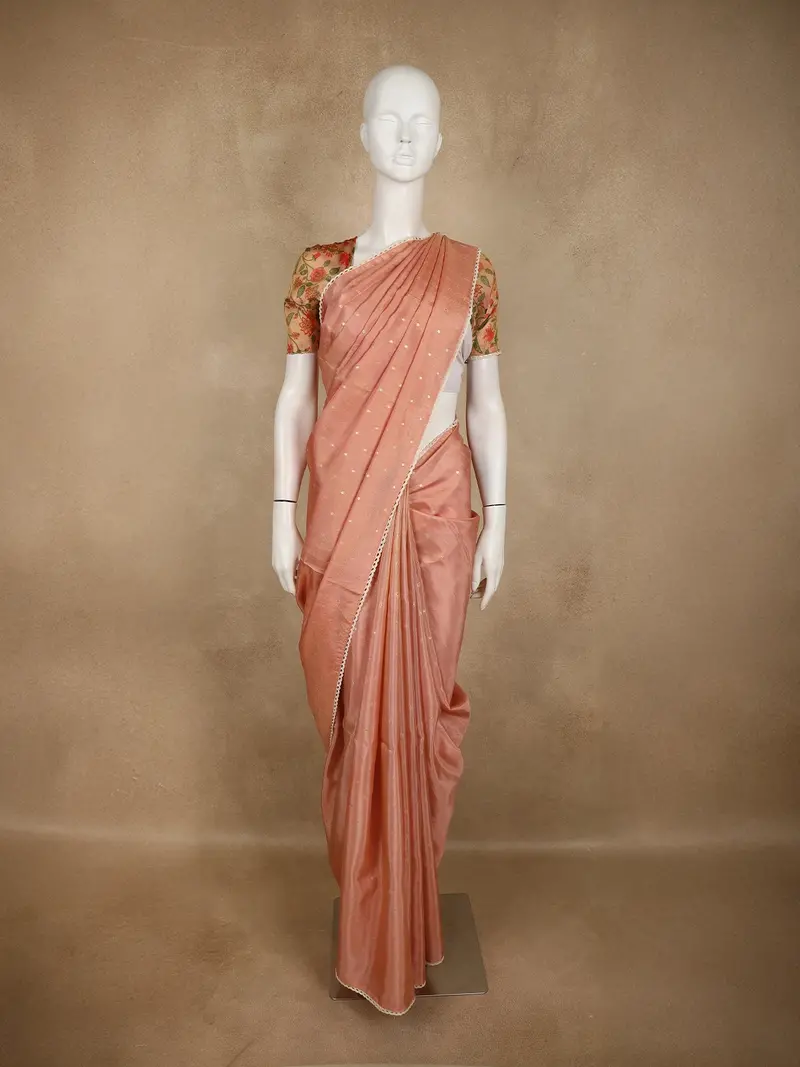 Coral Peach Butta Woven Design Soft Tissue Saree With Scalloped Border 1