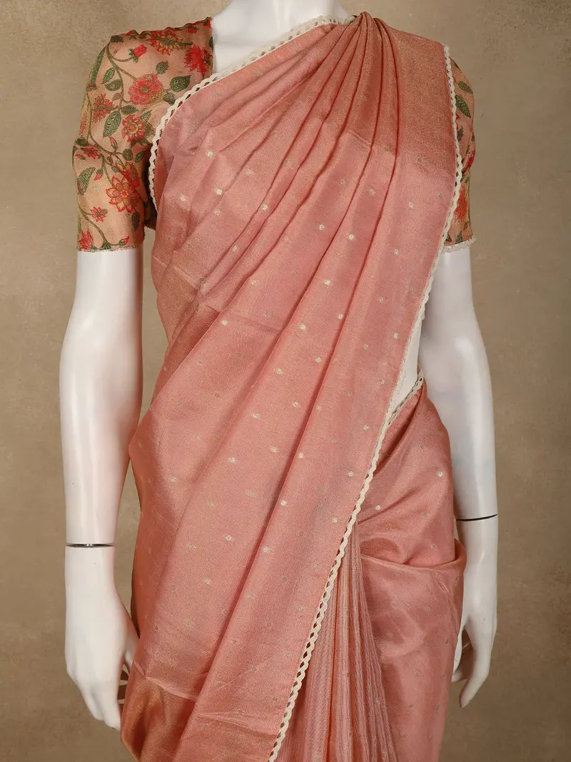 Coral Peach Butta Woven Design Soft Tissue Saree With Scalloped Border 2