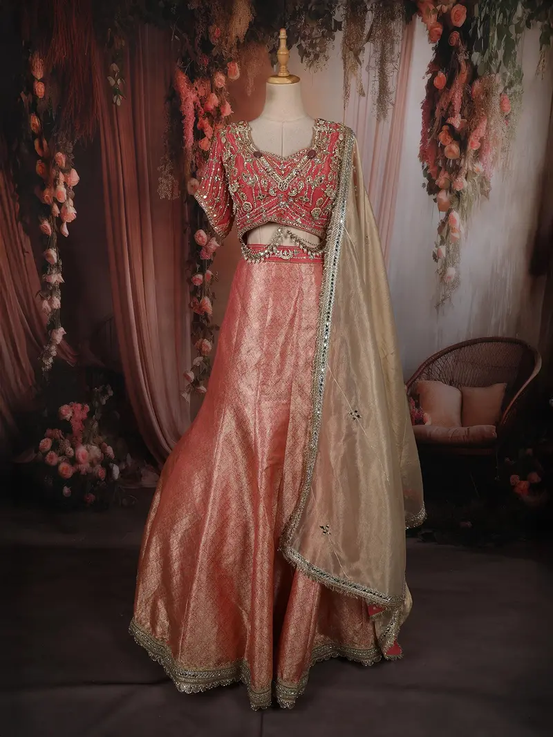 Coral Peach Floral Beads And Mirror Embroidered Design Tissue Silk Mermaid Lehenga With Dupatta 1