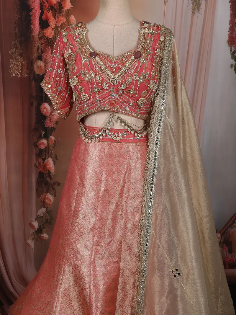 Coral Peach Floral Beads And Mirror Embroidered Design Tissue Silk Mermaid Lehenga With Dupatta 2