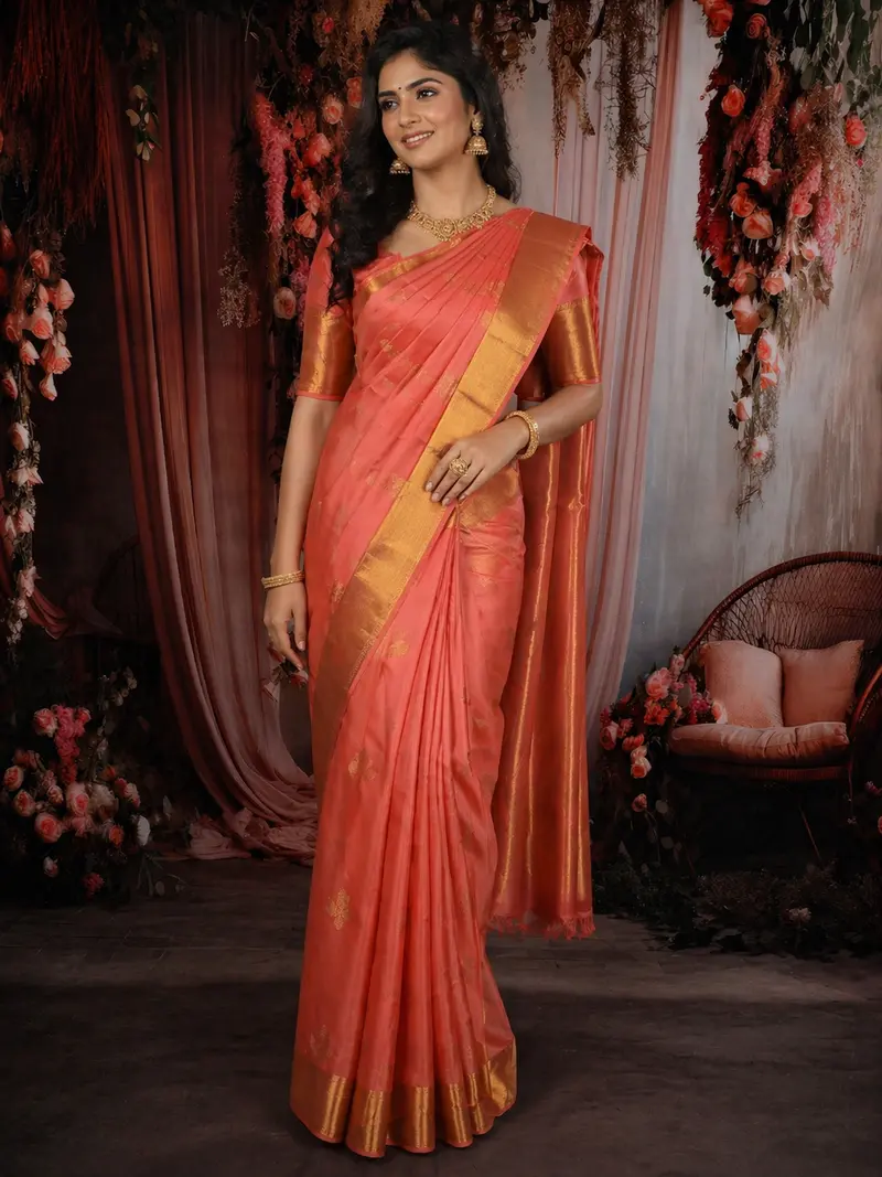 Coral Peach Floral Butta Zari Woven Design Pure Kanchipuram Silk Saree With Zari Border 1