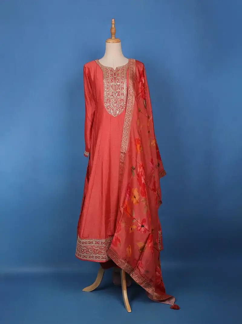 Coral Peach Floral Digital Print With Intricate Embroidery Georgette Salwar Suit 1