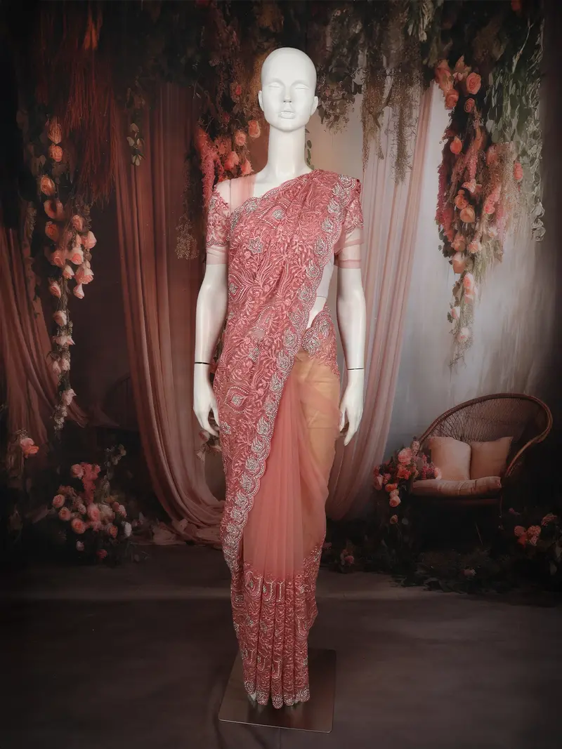 Coral Peach Floral Thread Embroidered And Sone Embellished Design Pure Organza Designer Saree With Scalloped Border 1